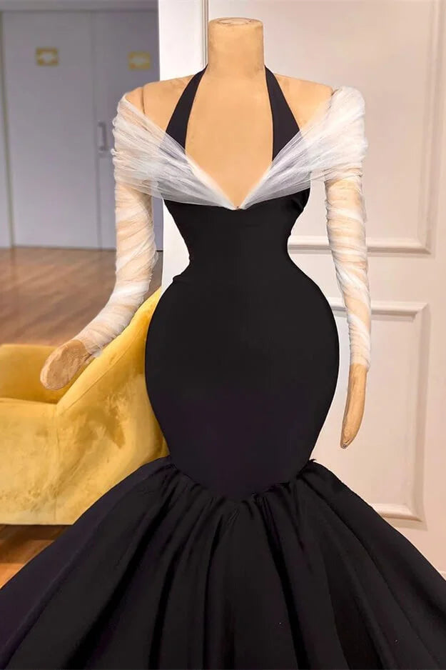 Chic Black Halter Mermaid Evening Dress With Sheer Long Sleeves-BallBride