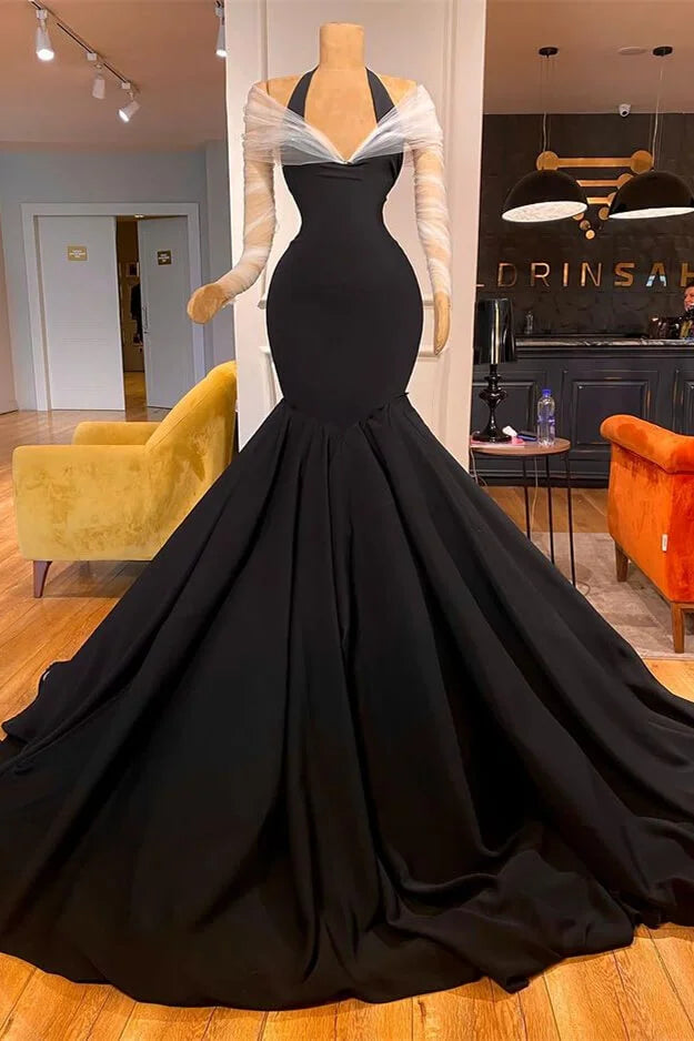 Chic Black Halter Mermaid Evening Dress With Sheer Long Sleeves-BallBride