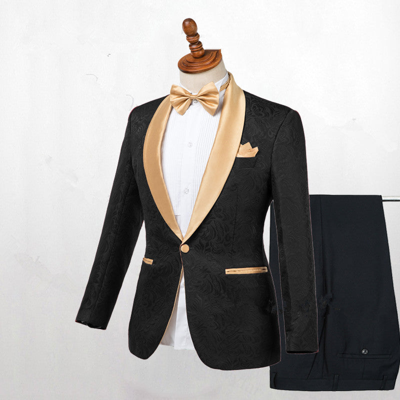 Chic Black Jacquard Tuxedo Wedding Suit with Gold Shawl Lapel-Wedding Suits-BallBride