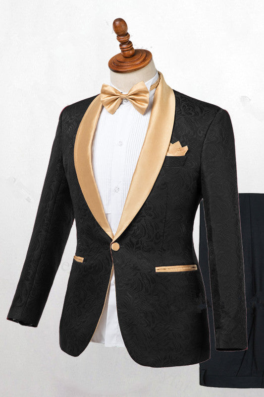 Chic Black Jacquard Tuxedo Wedding Suit with Gold Shawl Lapel-Wedding Suits-BallBride