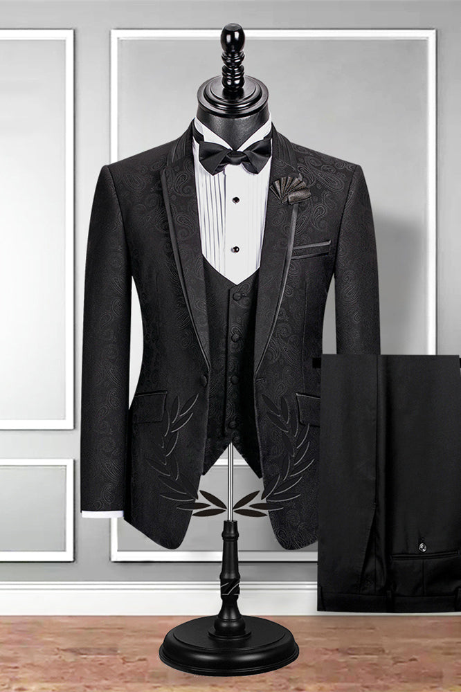 Chic Black Slim Fit Jacquard Wedding Suit For Men with Notched Lapel-Wedding Suits-BallBride