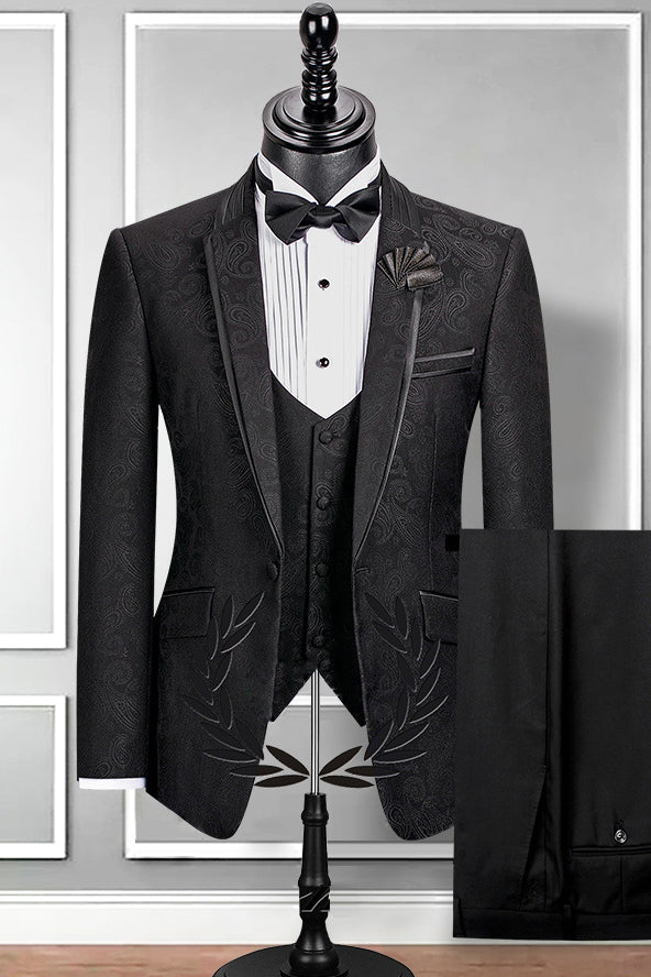 Chic Black Slim Fit Jacquard Wedding Suit For Men with Notched Lapel-Wedding Suits-BallBride