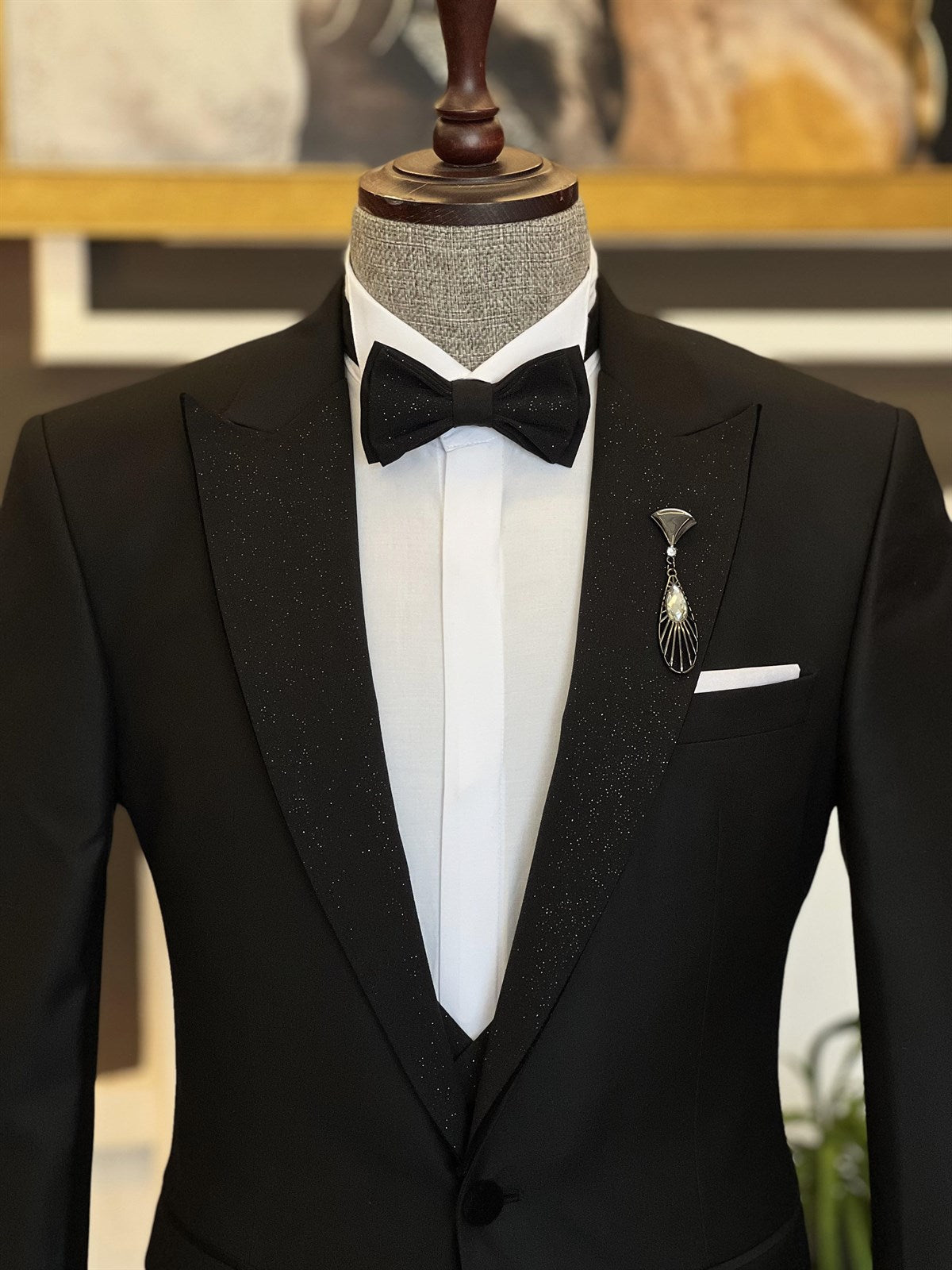 Chic Black Sparkle Peaked Lapel Three Pieces Wedding Men Suits by Carlton-Wedding Suits-BallBride