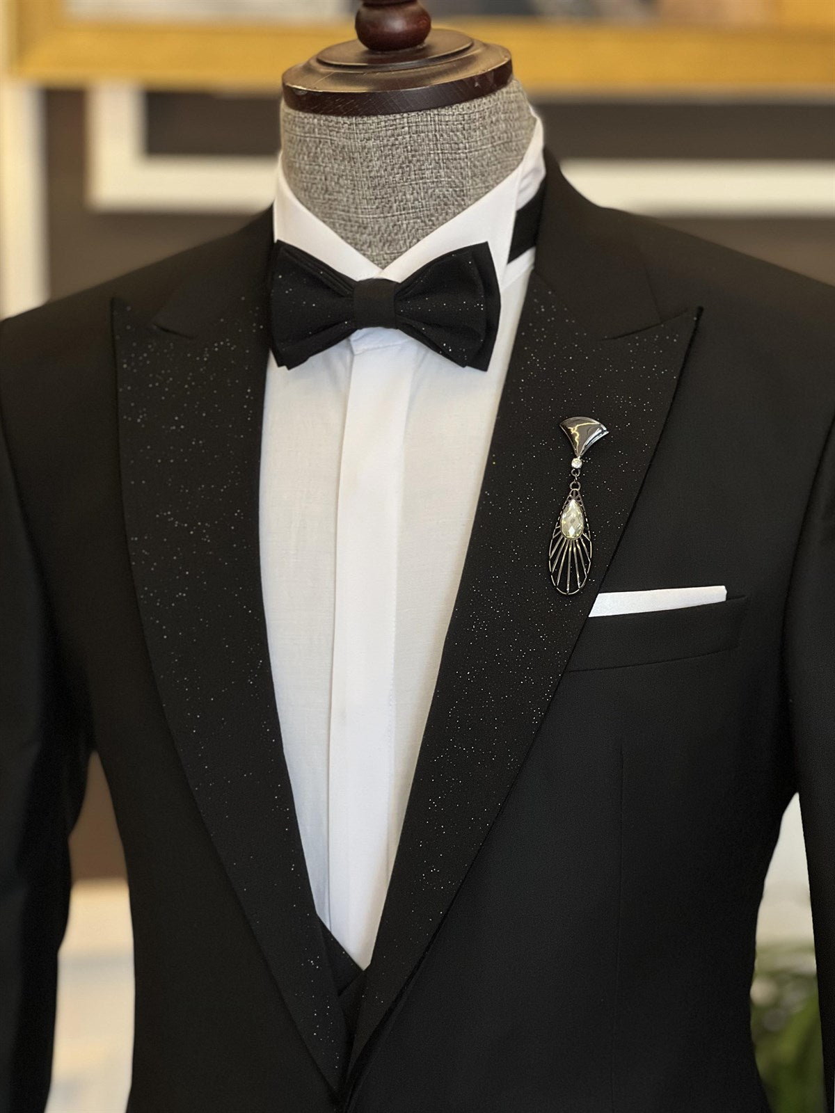 Chic Black Sparkle Peaked Lapel Three Pieces Wedding Men Suits by Carlton-Wedding Suits-BallBride