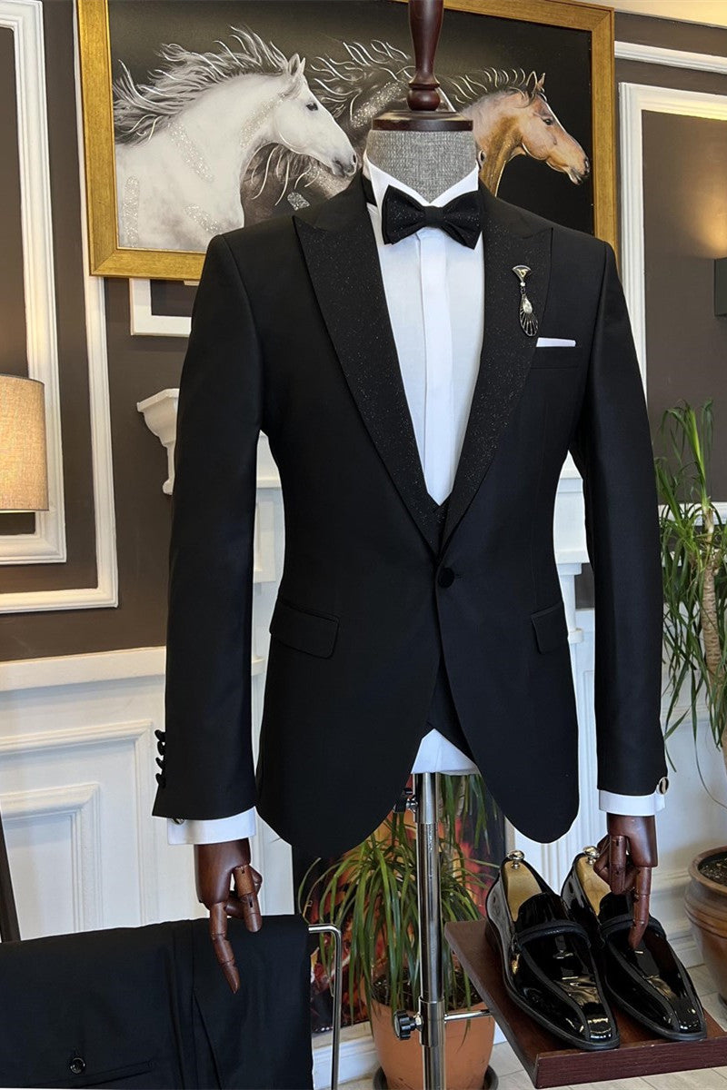 Chic Black Sparkle Peaked Lapel Three Pieces Wedding Men Suits by Carlton-Wedding Suits-BallBride