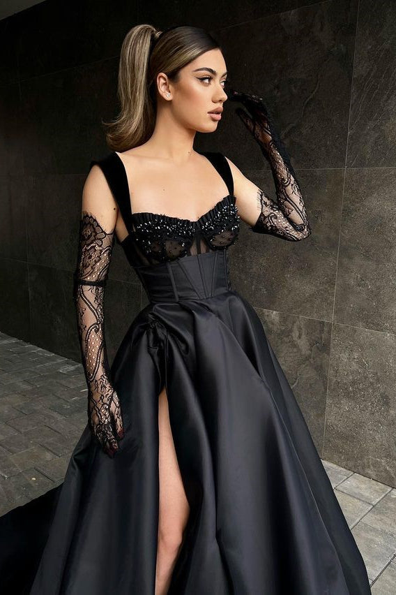 Chic Black Straps Sweetheart Prom Dress with Slit and Beads-Occasion Dress-BallBride