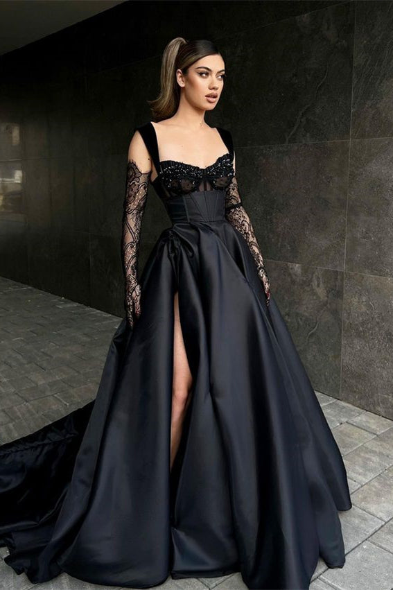 Chic Black Straps Sweetheart Prom Dress with Slit and Beads-Occasion Dress-BallBride