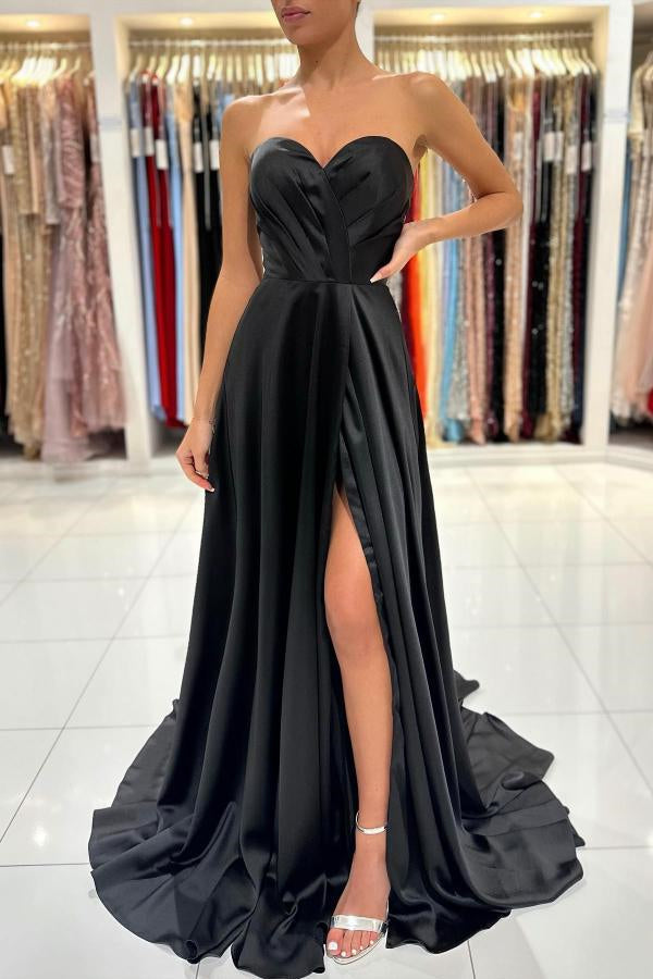 Chic Black Sweetheart Long Prom Dress with Split Zipper Back-Occasion Dress-BallBride