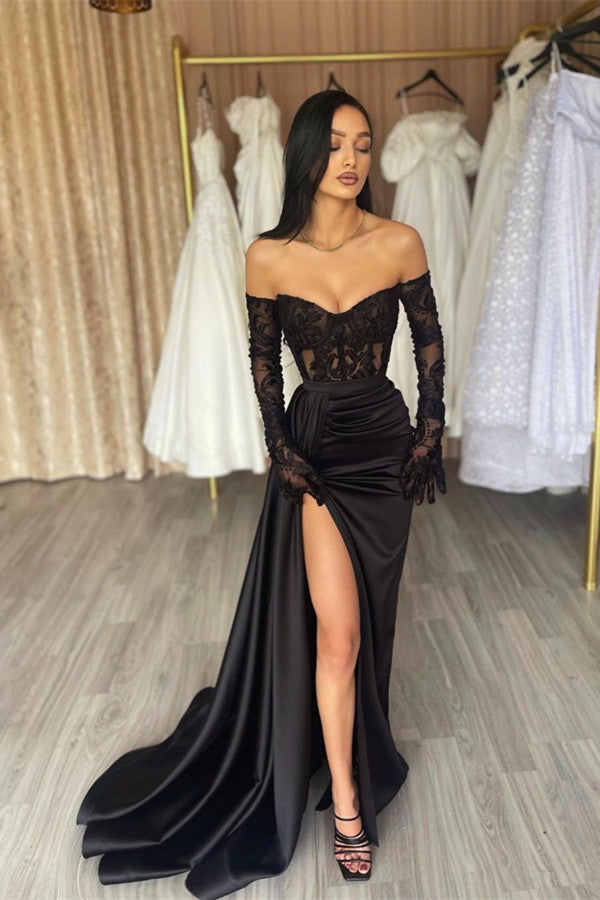 Chic Black Sweetheart Mermaid Prom Dress with Lace and Split-Occasion Dress-BallBride