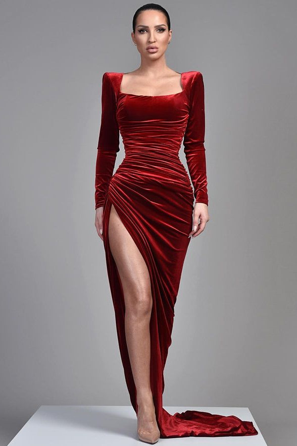 Chic Burgundy Velvet Mermaid Prom Dress with Square Long Sleeve Split-Occasion Dress-BallBride