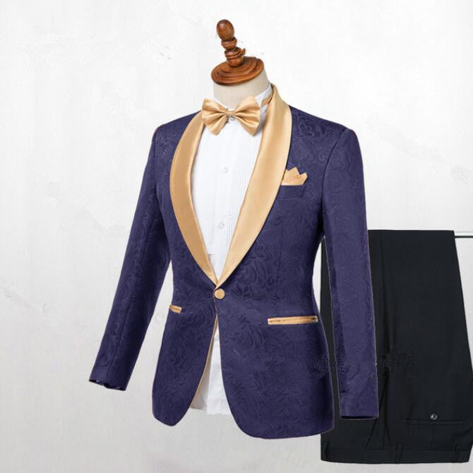 Chic Dark Blue Jacquard Wedding Suit With Shawl Lapel For Men-Wedding Suits-BallBride