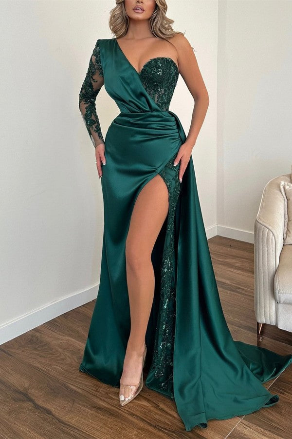 Chic Dark Green Mermaid Prom Dress with One Shoulder and Appliques-Occasion Dress-BallBride