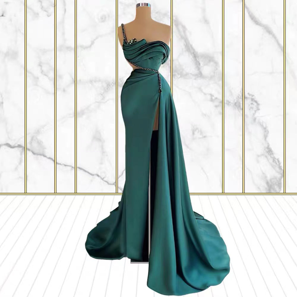 Chic Emerald Green One Shoulder Prom Dress with Mermaid Side Slit-Occasion Dress-BallBride