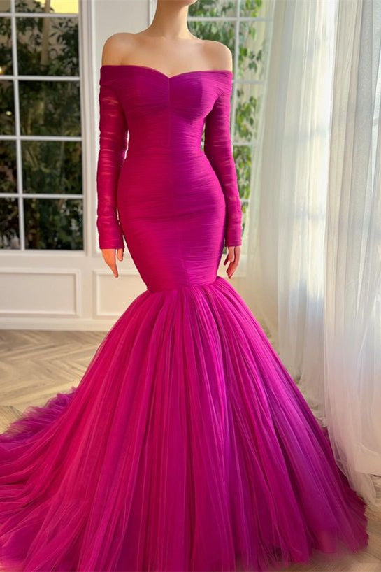 Chic Fuchsia Prom Dress with Off-the-Shoulder Tulle and Long Sleeves-Occasion Dress-BallBride