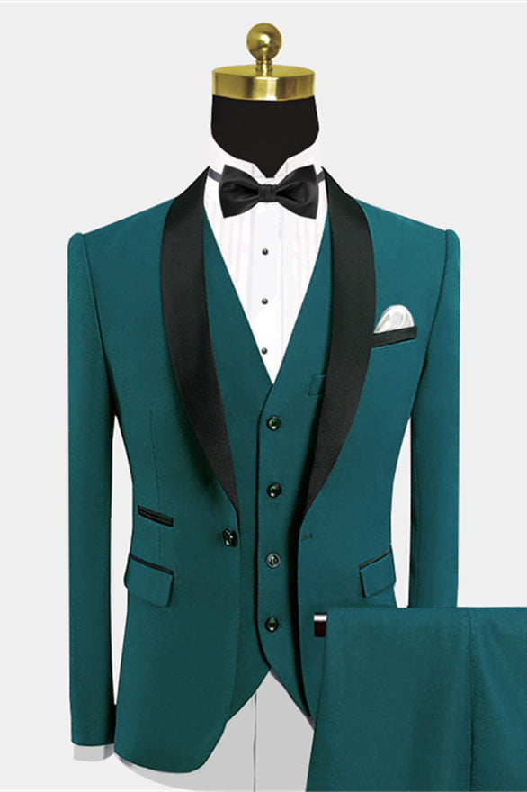Chic Green Tuxedo Wedding Suit with Black Shawl Lapel-Wedding Suits-BallBride