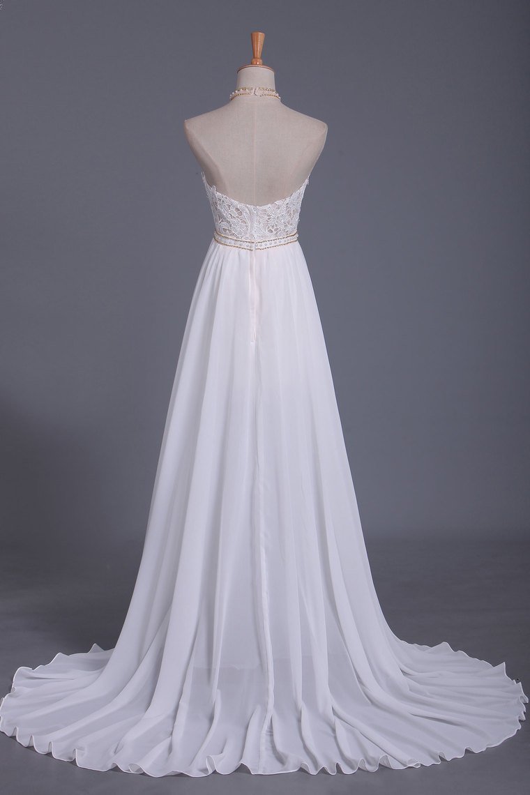 Chic Halter Backless Chiffon A-Line Floor-length Wedding Dress With Ruffles and Pearl Lace-Wedding Dresses-BallBride