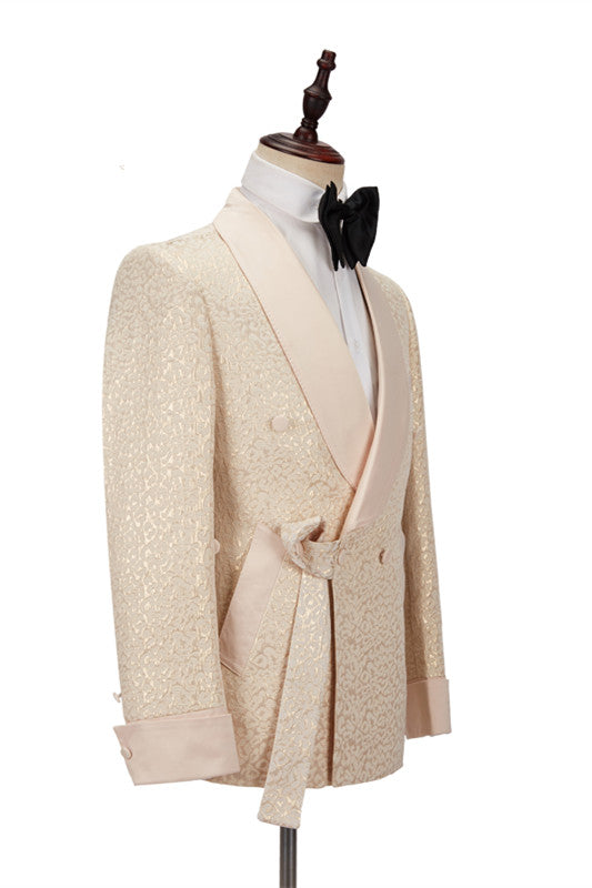 Chic Jacquard Shawl Lapel Slim Wedding Tuxedo in Champagne-Wedding Suits-BallBride
