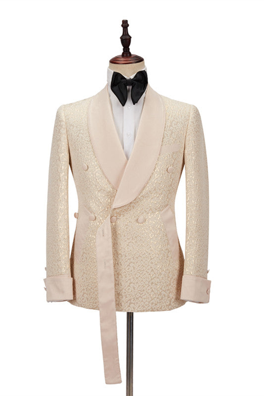 Chic Jacquard Shawl Lapel Slim Wedding Tuxedo in Champagne-Wedding Suits-BallBride