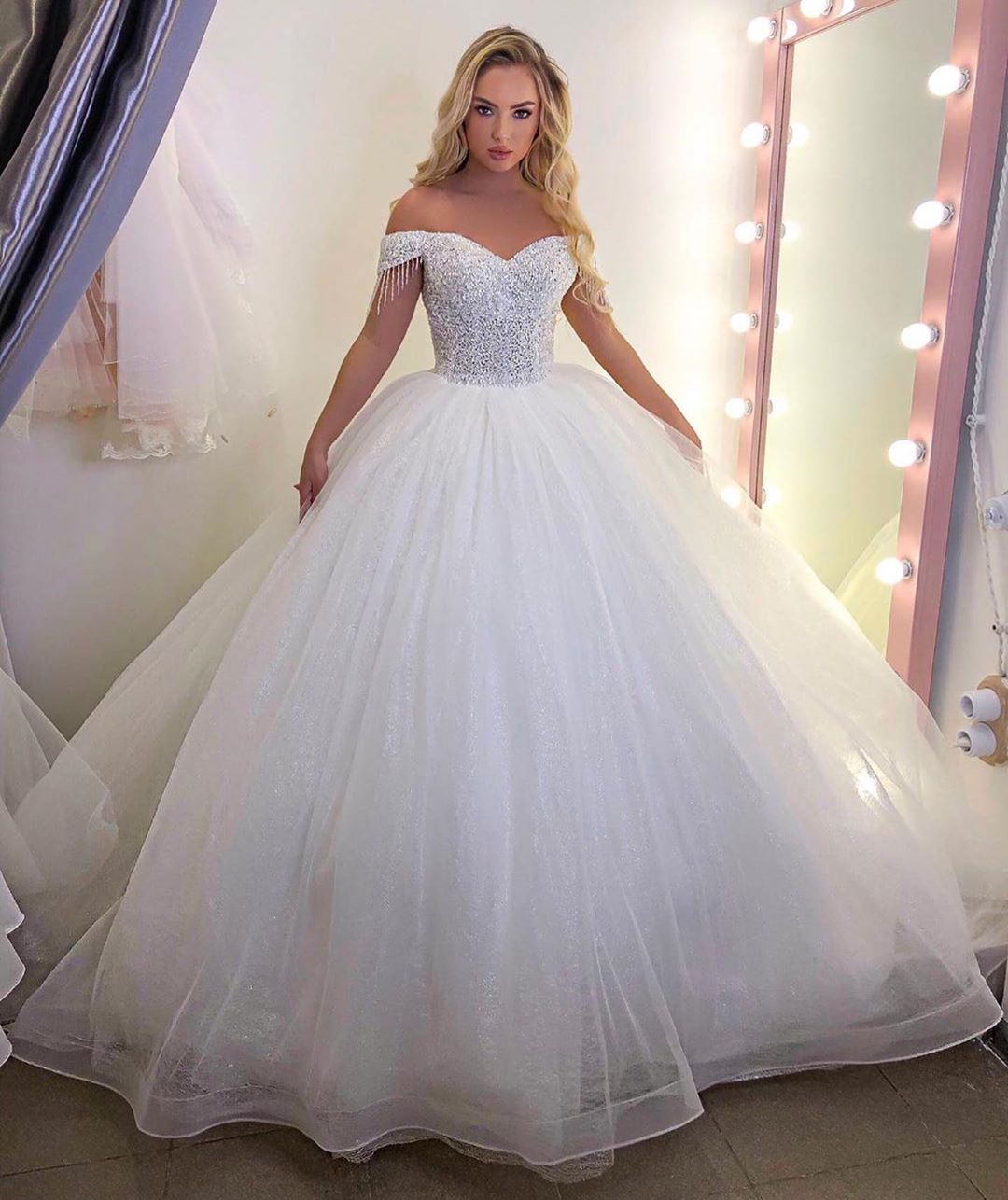 Chic Long Off-the-Shoulder Wedding Dress On Sale-Wedding Dresses-BallBride