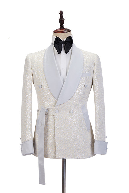 Chic Off White Shawl Lapel Slim Fit Jacquard Wedding Suit For Men-Wedding Suits-BallBride