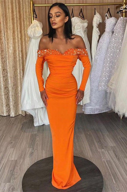 Chic Orange Strapless Mermaid Prom Dress with Long Sleeves and Sequins-BallBride