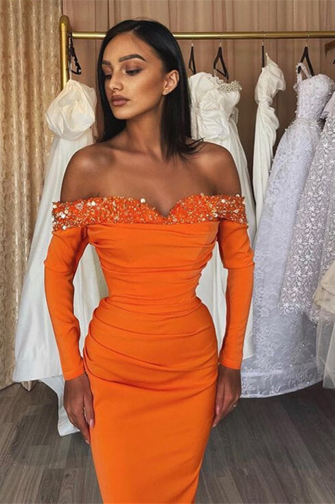 Chic Orange Strapless Mermaid Prom Dress with Long Sleeves and Sequins-BallBride