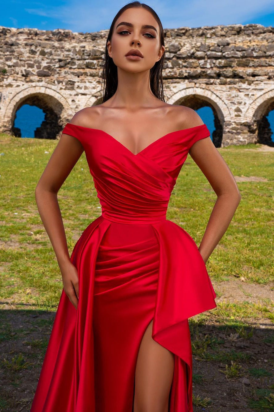 Chic Red Off-the-Shoulder Prom Dress with Long Split and Ruffle-Occasion Dress-BallBride