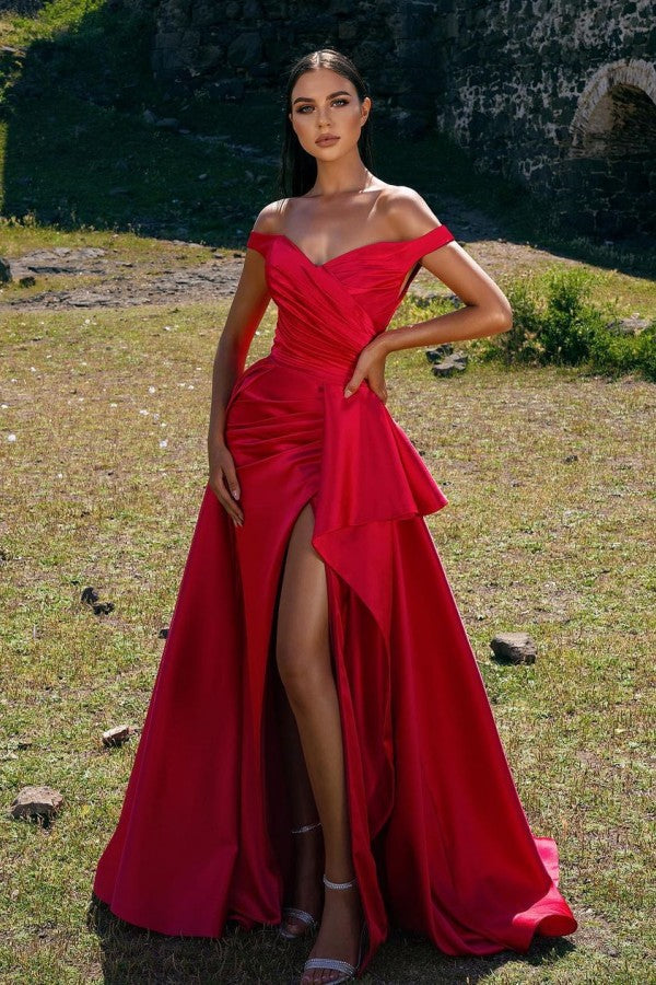 Chic Red Off-the-Shoulder Prom Dress with Long Split and Ruffle-Occasion Dress-BallBride