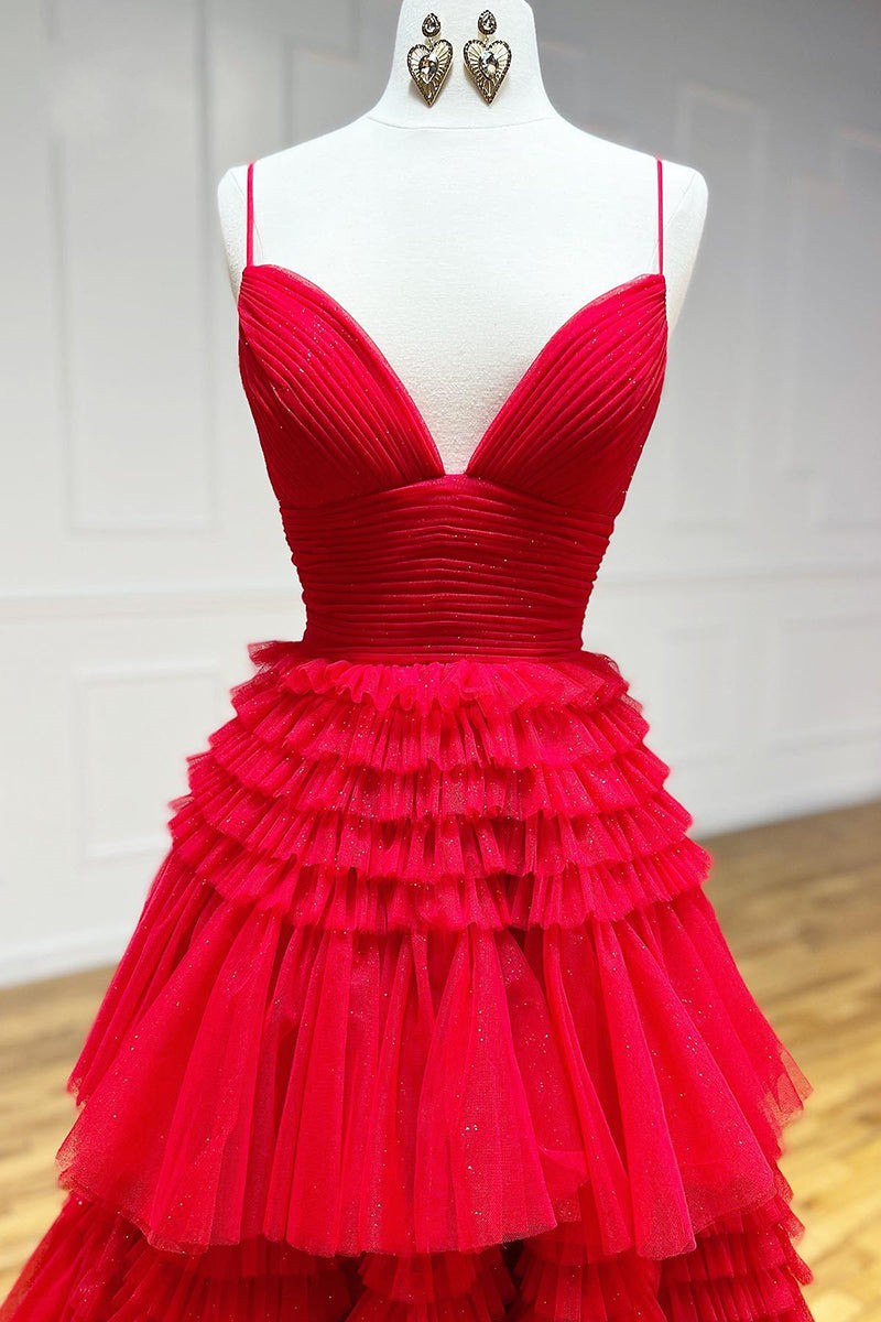 Chic Red Sleeveless Prom Dresses with Spaghetti-Straps and Tulle Layered Design-Occasion Dress-BallBride
