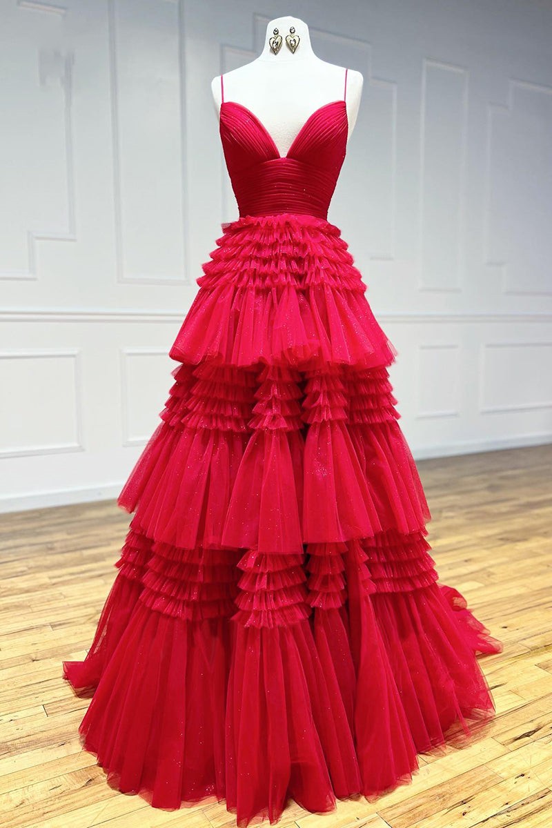 Chic Red Sleeveless Prom Dresses with Spaghetti-Straps and Tulle Layered Design-Occasion Dress-BallBride