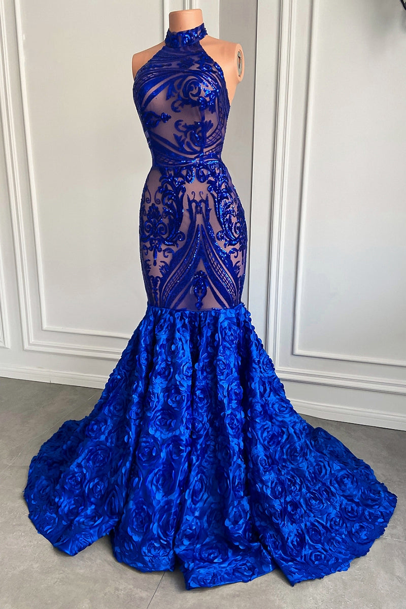 Chic Royal Blue Sequins Prom Dresses Mermaid With Flowers Bottom-Occasion Dress-BallBride