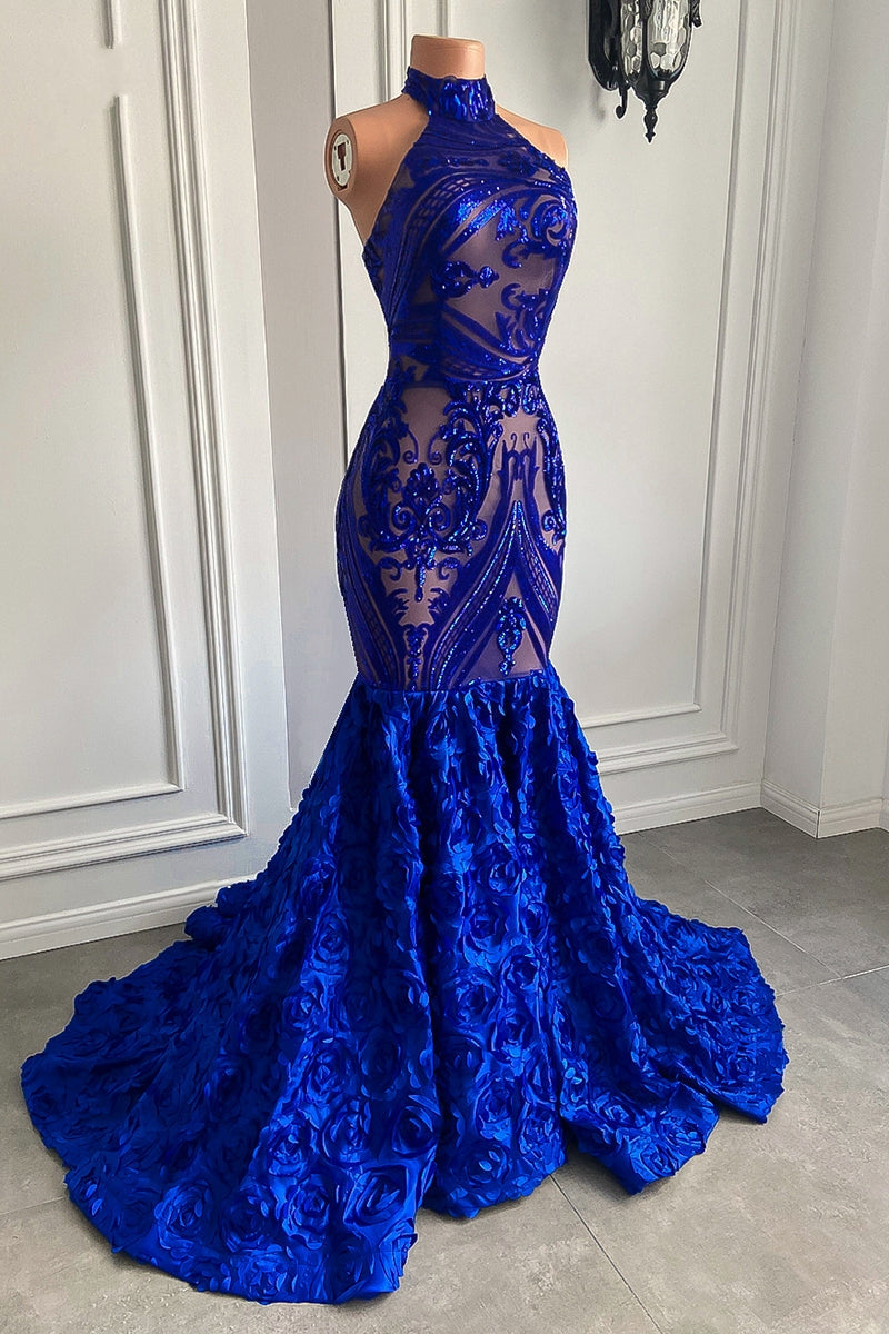 Chic Royal Blue Sequins Prom Dresses Mermaid With Flowers Bottom-Occasion Dress-BallBride