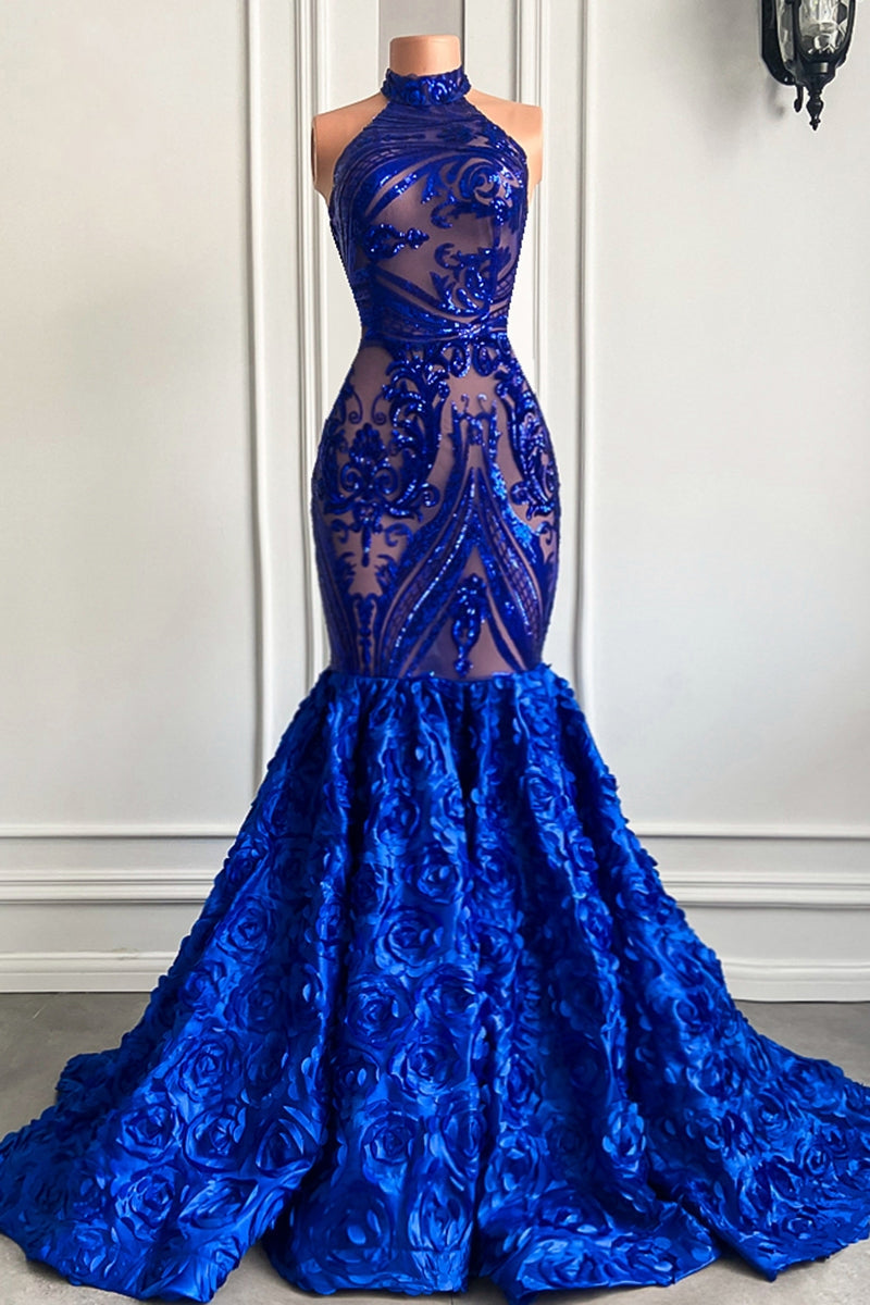Chic Royal Blue Sequins Prom Dresses Mermaid With Flowers Bottom-Occasion Dress-BallBride