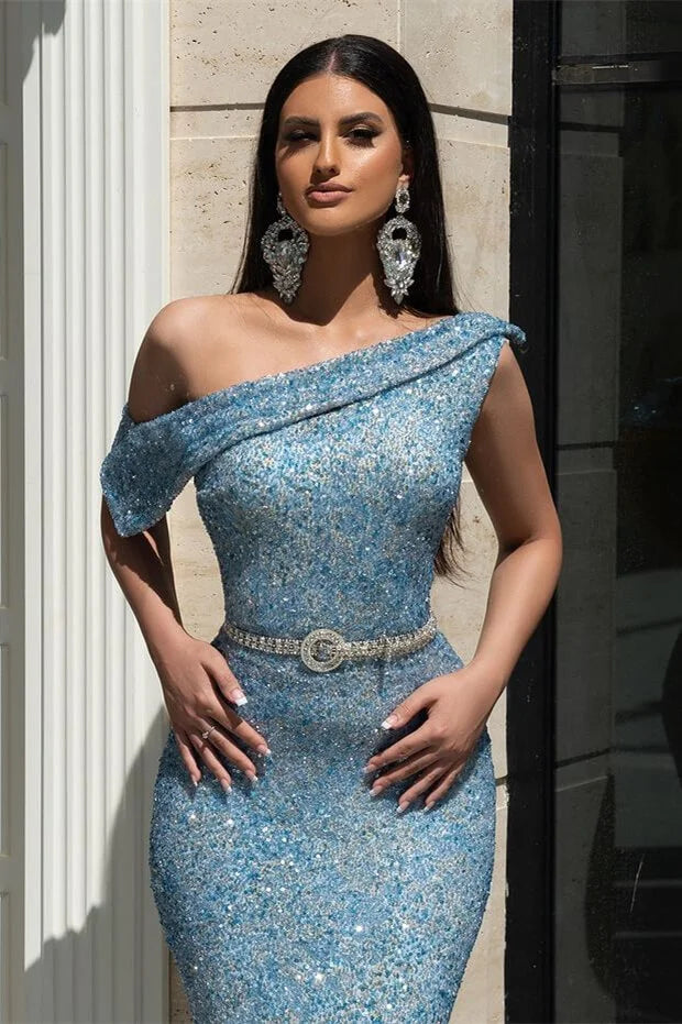 Chic Sky Blue One Shoulder Evening Dress Mermaid Sequins Long-BallBride