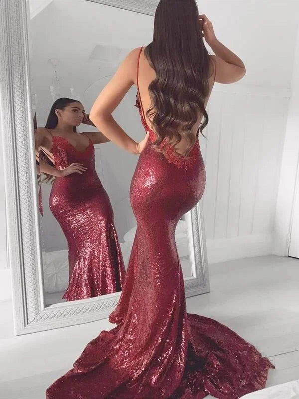 Chic Spaghetti-Straps Backless Mermaid Evening Dress Sequins With Appliques-BallBride