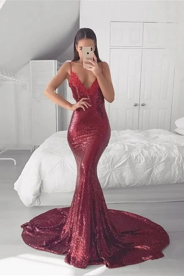 Chic Spaghetti-Straps Backless Mermaid Evening Dress Sequins With Appliques-BallBride