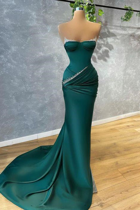 Chic Strapless Dark Green Mermaid Evening Dress with Beads-Occasion Dress-BallBride