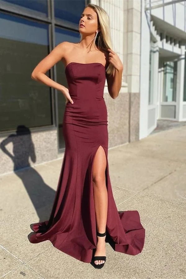 Chic Sweetheart Burgundy Mermaid Evening Dress With Slit Lace-up-BallBride