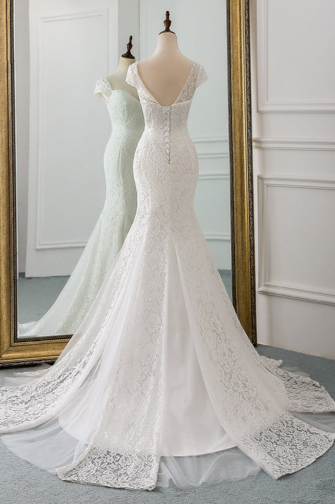 Chic Sweetheart Lace Mermaid Wedding Dress with Cap Sleeves-Wedding Dresses-BallBride