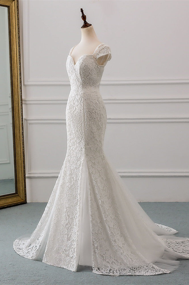 Chic Sweetheart Lace Mermaid Wedding Dress with Cap Sleeves-Wedding Dresses-BallBride