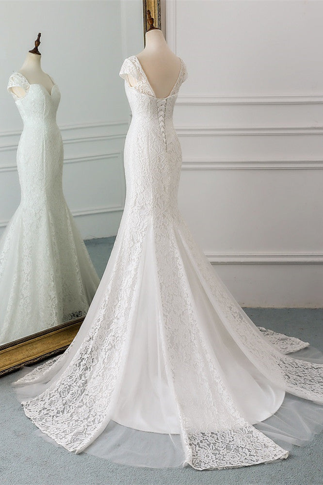 Chic Sweetheart Lace Mermaid Wedding Dress with Cap Sleeves-Wedding Dresses-BallBride