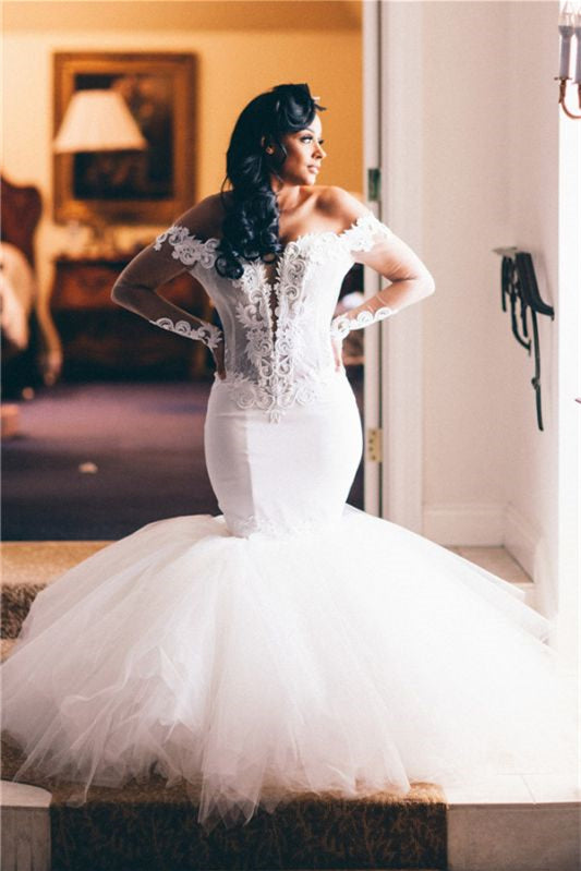 Chic Tulle Mermaid Off-the-Shoulder Wedding Dress With Appliques-Wedding Dresses-BallBride