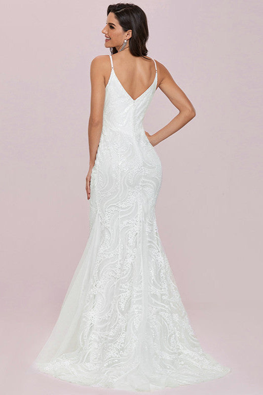 Chic V-neck Mermaid Wedding Dress With Lace Appliques-Wedding Dresses-BallBride