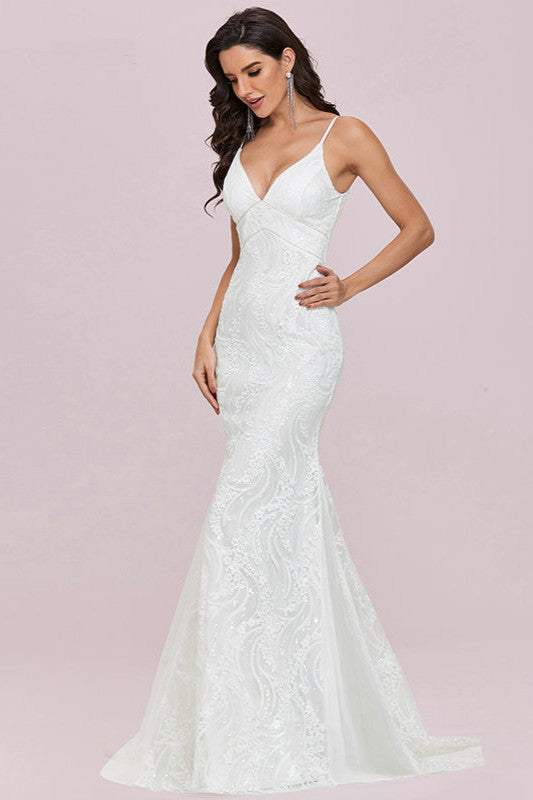 Chic V-neck Mermaid Wedding Dress With Lace Appliques-Wedding Dresses-BallBride