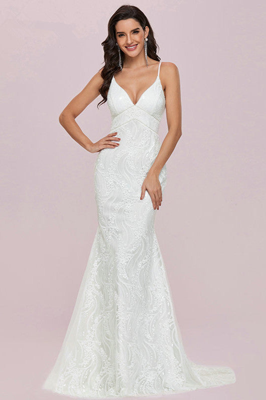 Chic V-neck Mermaid Wedding Dress With Lace Appliques-Wedding Dresses-BallBride