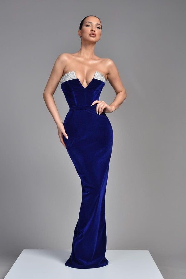 Chic V-Neck Sleeveless Mermaid Royal Blue Velvet Prom Dress-Occasion Dress-BallBride