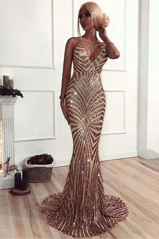 Chic V-Neck Sleeveless Mermaid Sequins Prom Dress Long Evening Party Gowns-BallBride