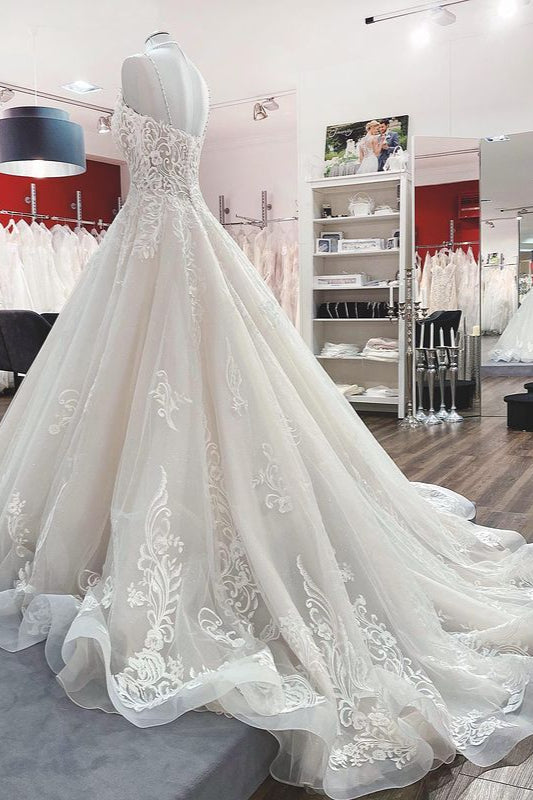Chic V-Neck Spaghetti-Straps Wedding Dress with Lace Ruffles-Wedding Dresses-BallBride