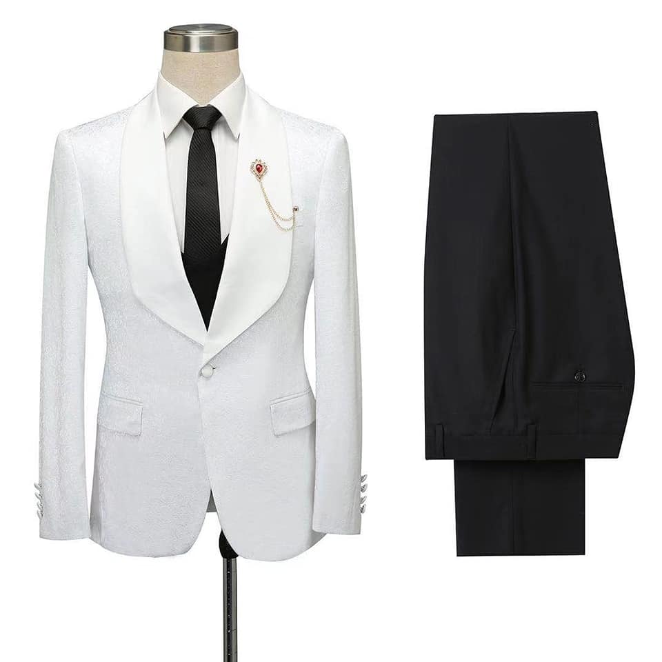 Chic White Jacquard Slim Fit Shawl Lapel Wedding Suit for Men-Wedding Suits-BallBride