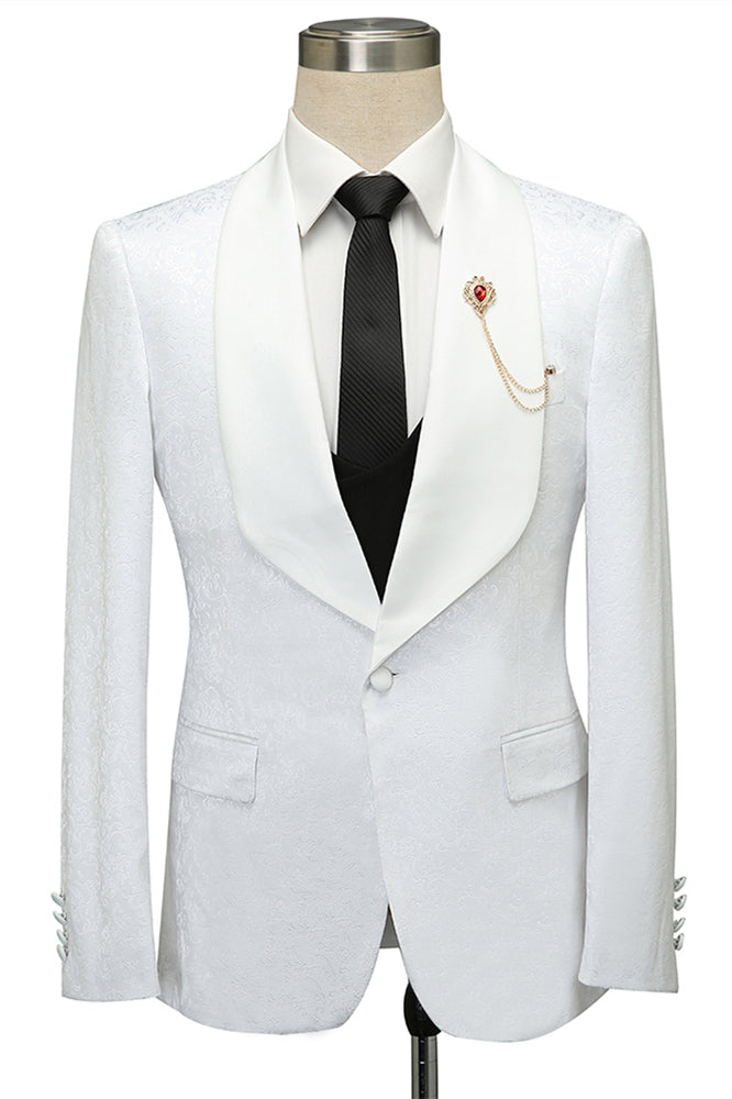 Chic White Jacquard Slim Fit Shawl Lapel Wedding Suit for Men-Wedding Suits-BallBride